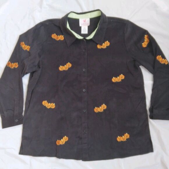 Vintage Quacker Factory Black Corduroy Shirt Jack O Lanterns Embroidered 1X - Picture 2 of 9